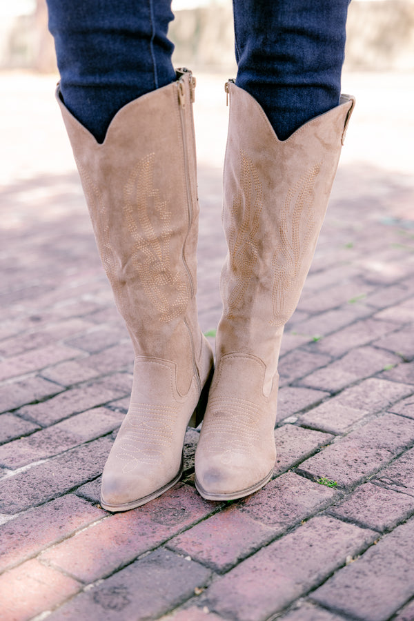 Chic Soul plus size clothing, taupe pointy toed boots that go up below the knee