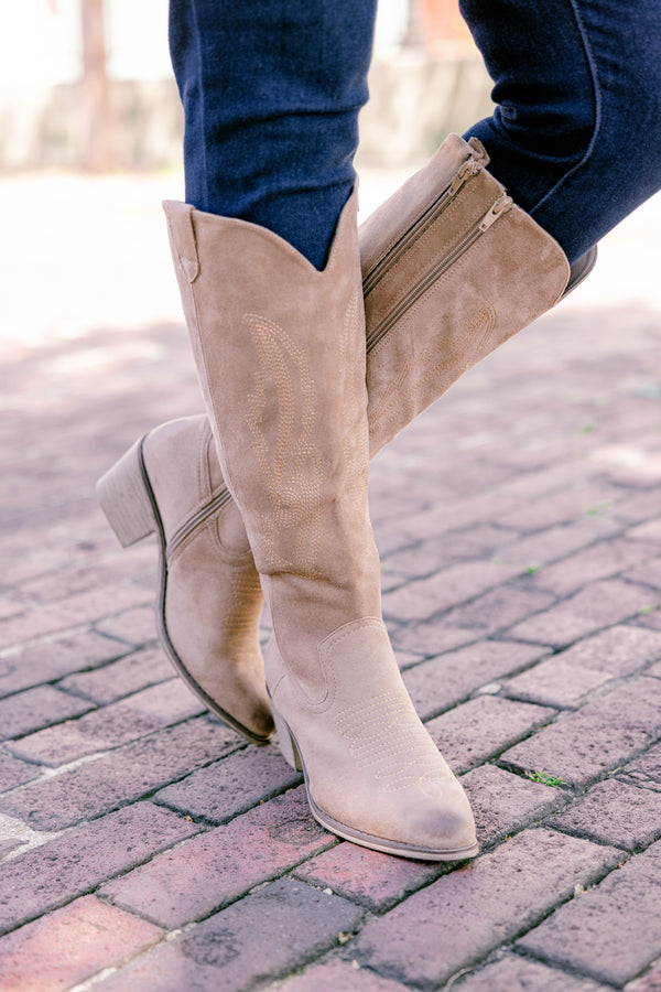 Chic Soul plus size clothing, taupe pointy toed boots that go up below the knee