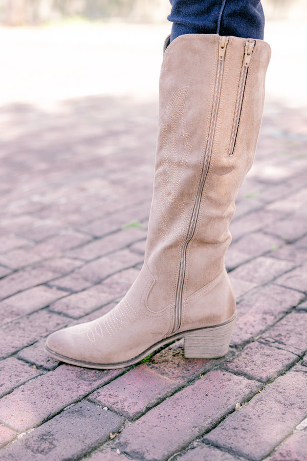 Chic Soul plus size clothing, taupe pointy toed boots that go up below the knee