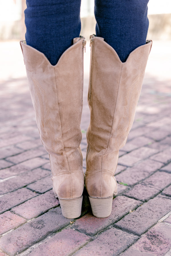 Chic Soul plus size clothing, taupe pointy toed boots that go up below the knee