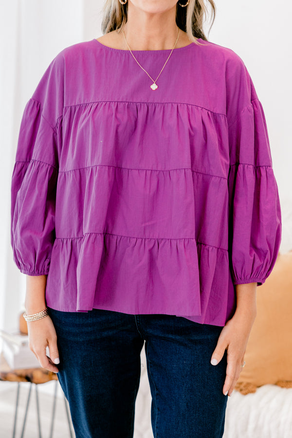 Chic Soul Plus size Clothing, Berry colored tiered top with long bubble sleeves  
