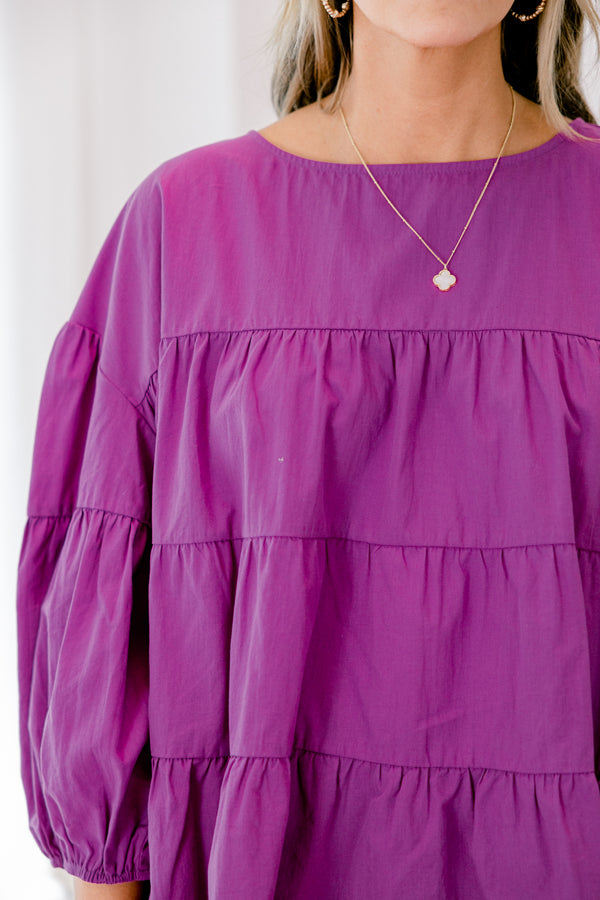 Chic Soul Plus size Clothing, Berry colored tiered top with long bubble sleeves  