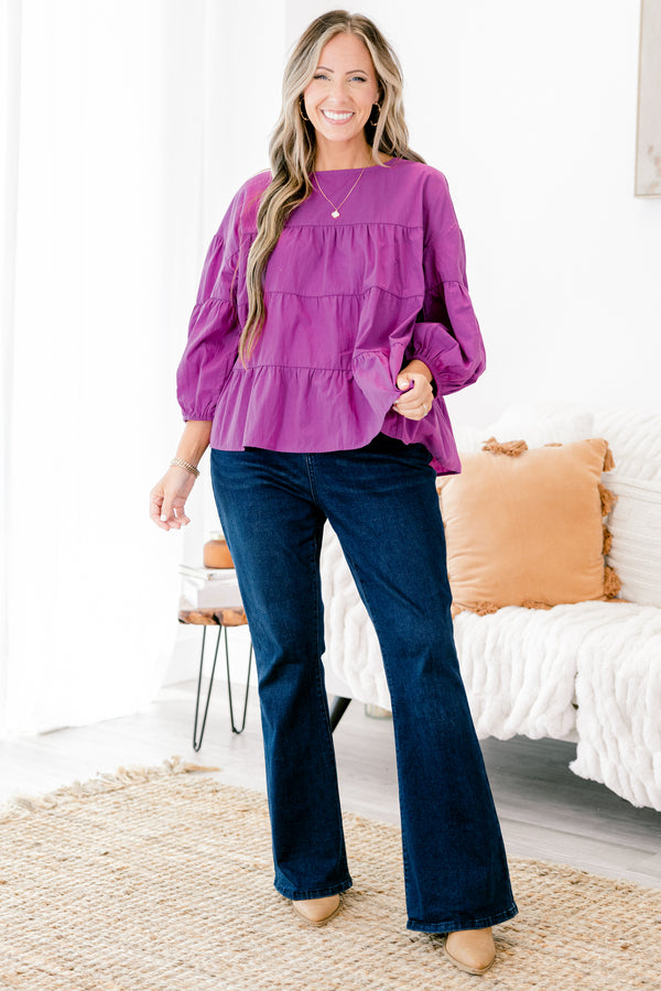 Chic Soul Plus size Clothing, Berry colored tiered top with long bubble sleeves  
