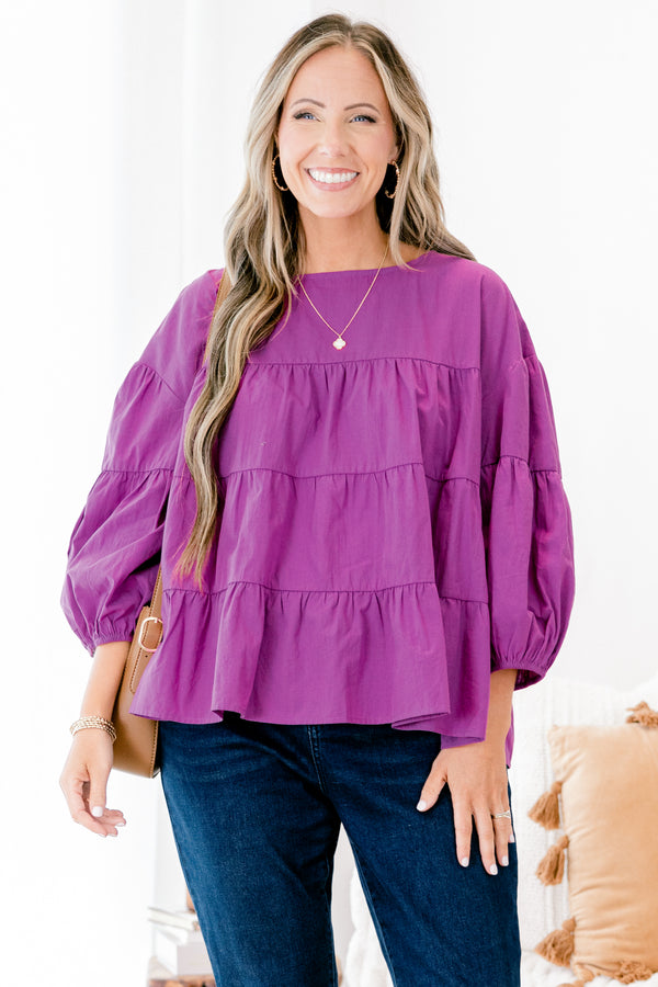 Chic Soul Plus size Clothing, Berry colored tiered top with long bubble sleeves  
