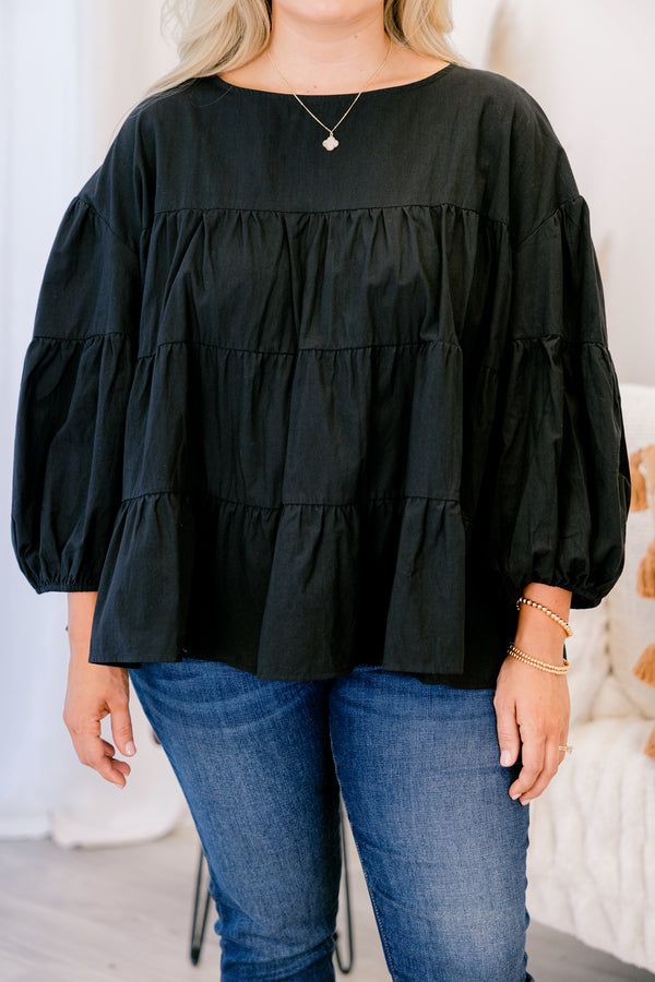 Chic Soul plus size clothing, black long sleeve tiered baby doll top 