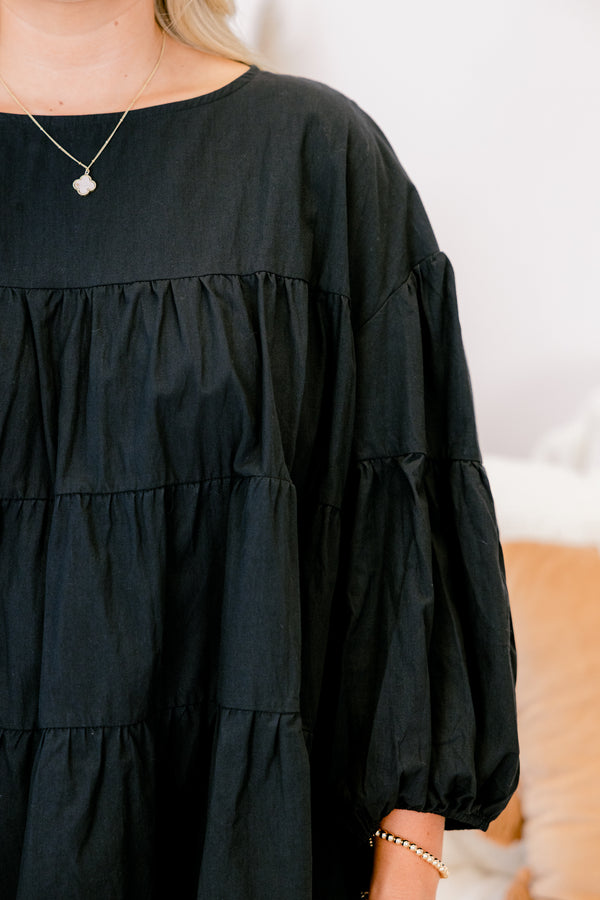 Chic Soul plus size clothing, black long sleeve tiered baby doll top 