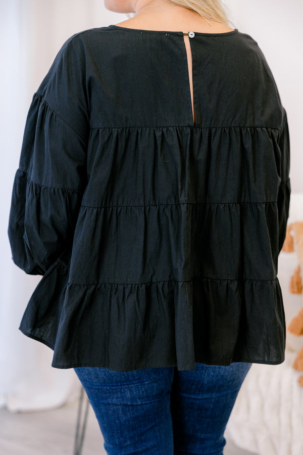 Chic Soul plus size clothing, black long sleeve tiered baby doll top 