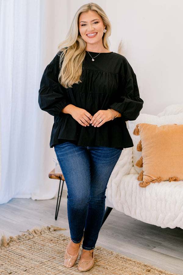 Chic Soul plus size clothing, black long sleeve tiered baby doll top 