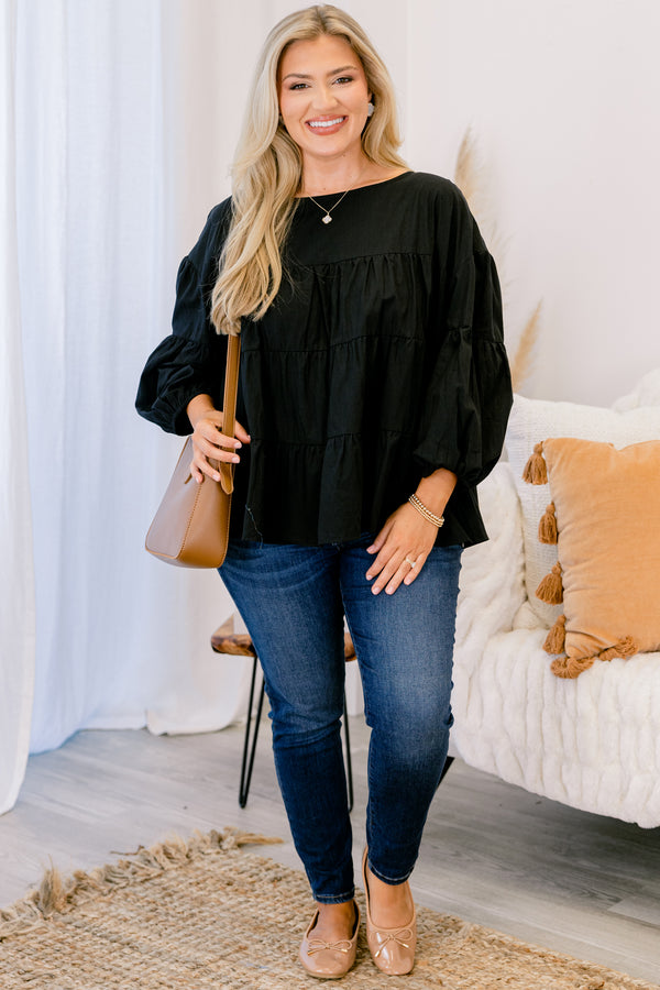 Chic Soul plus size clothing, black long sleeve tiered baby doll top 