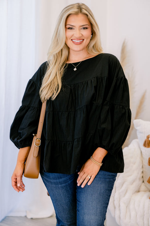 Chic Soul plus size clothing, black long sleeve tiered baby doll top 