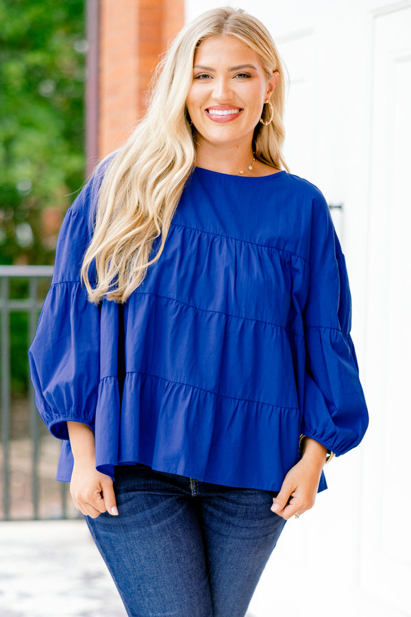 Chic Soul plus size clothing, cobalt blue tired top with long bubble sleeves 