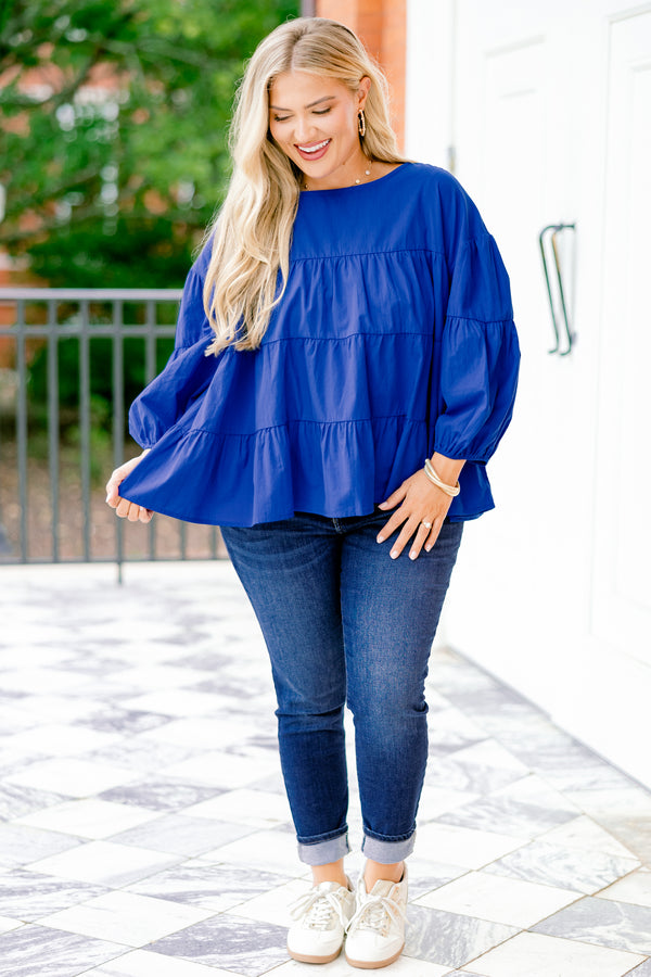 Chic Soul plus size clothing, cobalt blue tired top with long bubble sleeves 