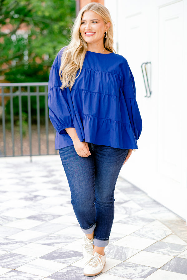 Chic Soul plus size clothing, cobalt blue tired top with long bubble sleeves 