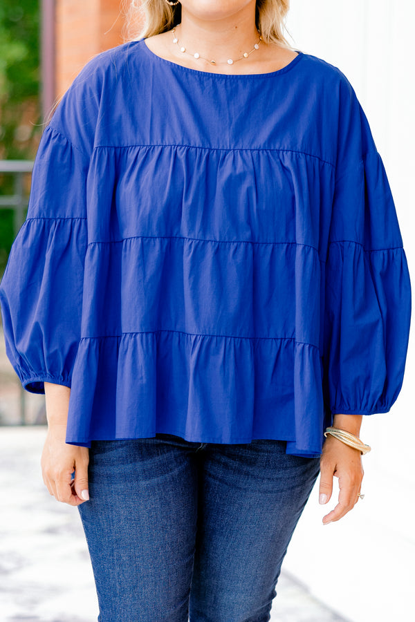Chic Soul plus size clothing, cobalt blue tired top with long bubble sleeves 