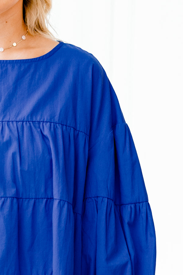 Chic Soul plus size clothing, cobalt blue tired top with long bubble sleeves 