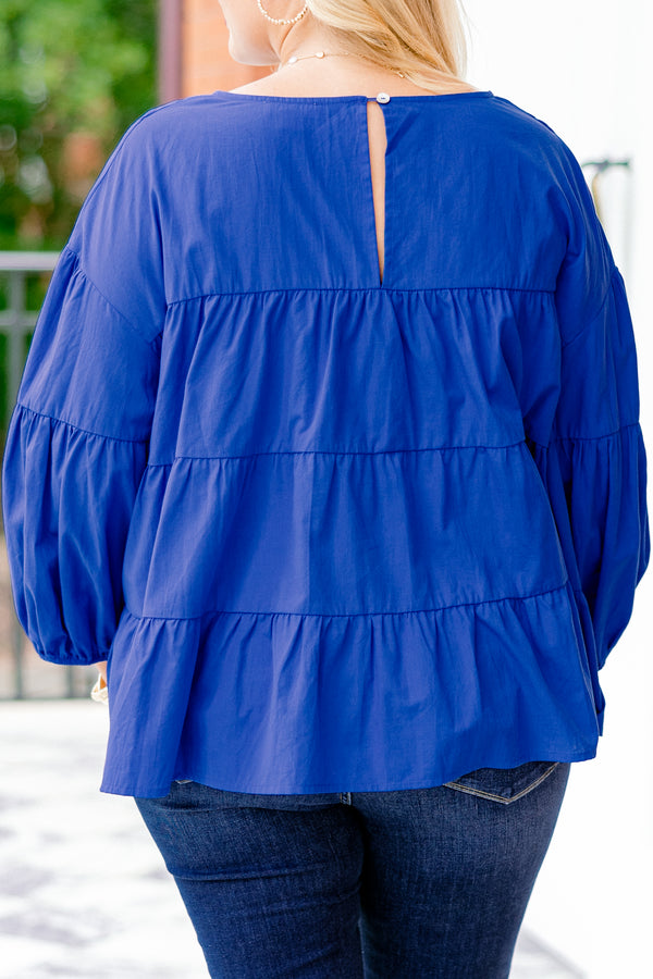 Chic Soul plus size clothing, cobalt blue tired top with long bubble sleeves 