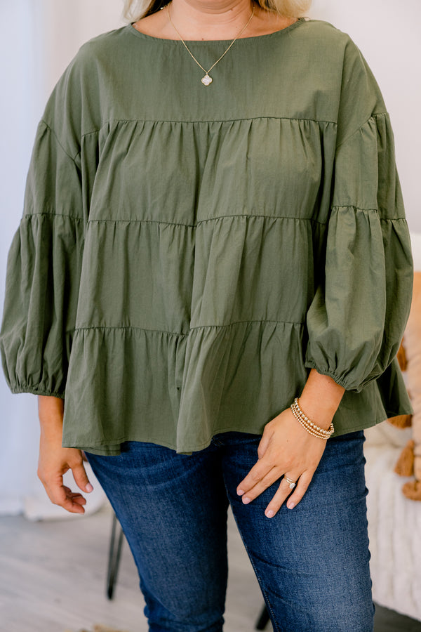Chic Soul plus size clothing, olive green long sleeve tiered babydoll top