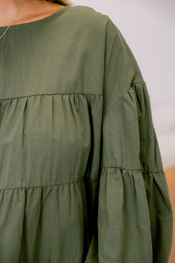 Chic Soul plus size clothing, olive green long sleeve tiered babydoll top