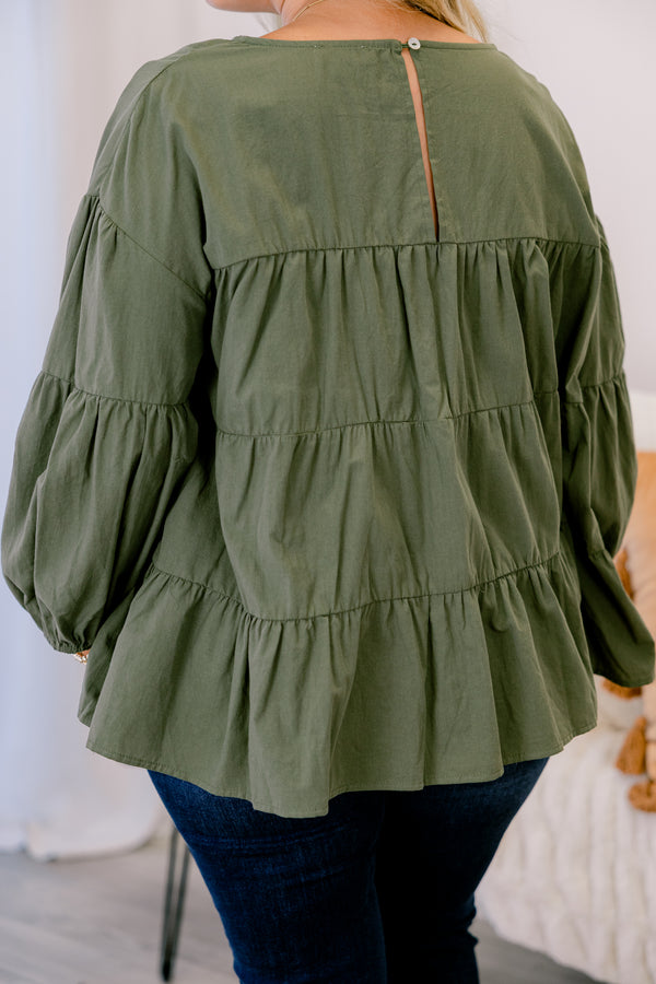 Chic Soul plus size clothing, olive green long sleeve tiered babydoll top