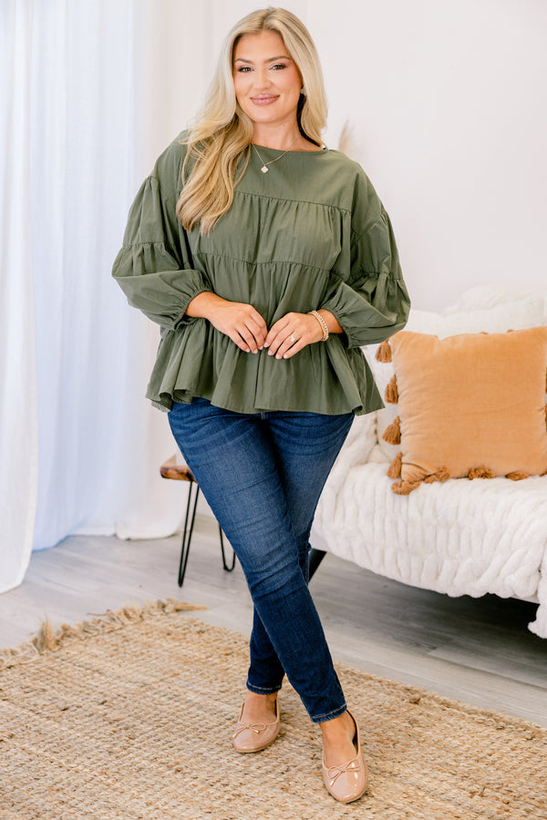 Chic Soul plus size clothing, olive green long sleeve tiered babydoll top