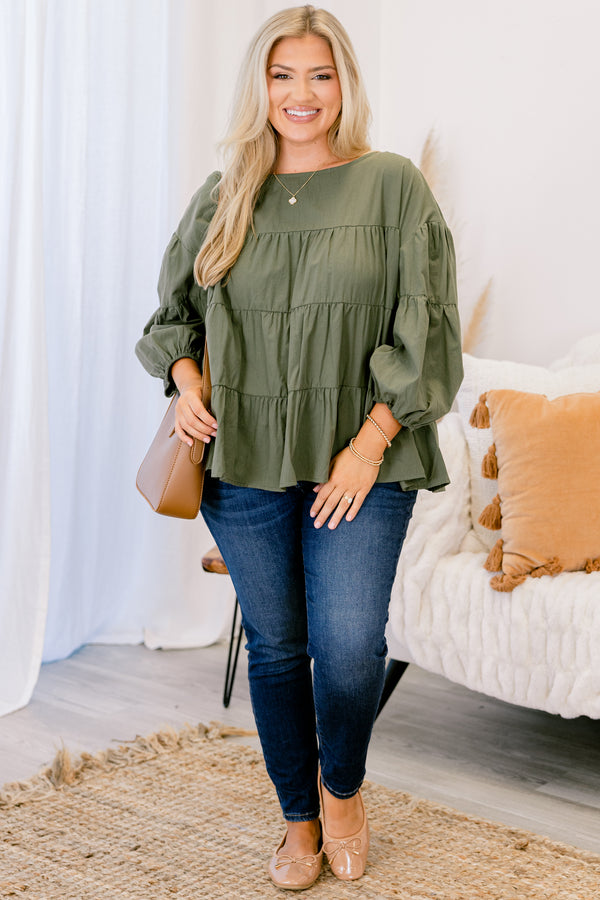 Chic Soul plus size clothing, olive green long sleeve tiered babydoll top