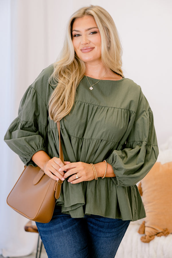 Chic Soul plus size clothing, olive green long sleeve tiered babydoll top