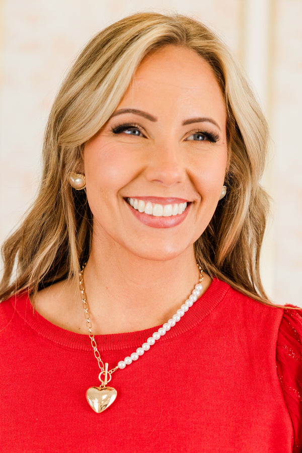 Chic Soul plus size clothing, gold heart necklace with gold and pearl chain