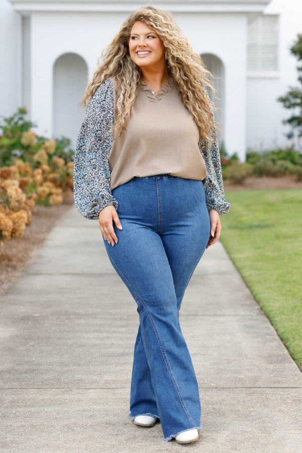 Chic Soul plus size clothing, taupe textured top with floral balloon sleeves