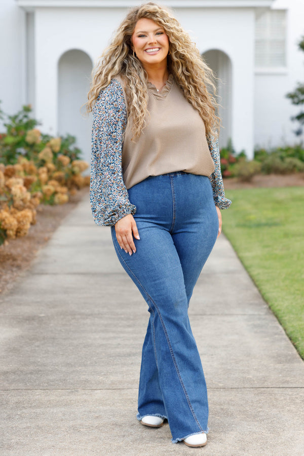 Chic Soul plus size clothing, taupe textured top with floral balloon sleeves