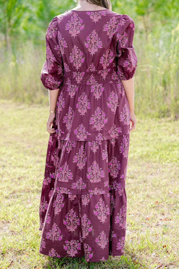 Chic Soul plus size clothing, dark purple puff sleeve tiered maxi dress with light purple floral print and cinched at the waist
