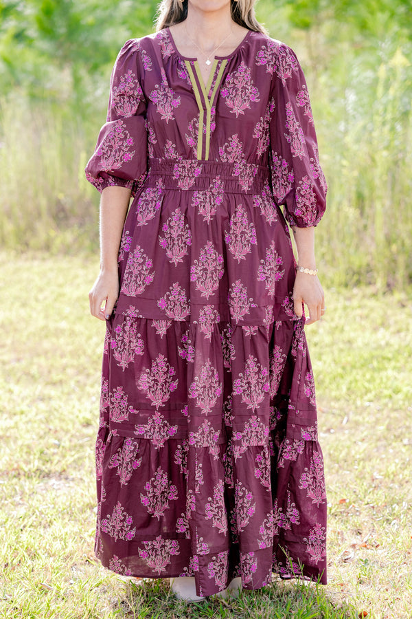 Chic Soul plus size clothing, dark purple puff sleeve tiered maxi dress with light purple floral print and cinched at the waist