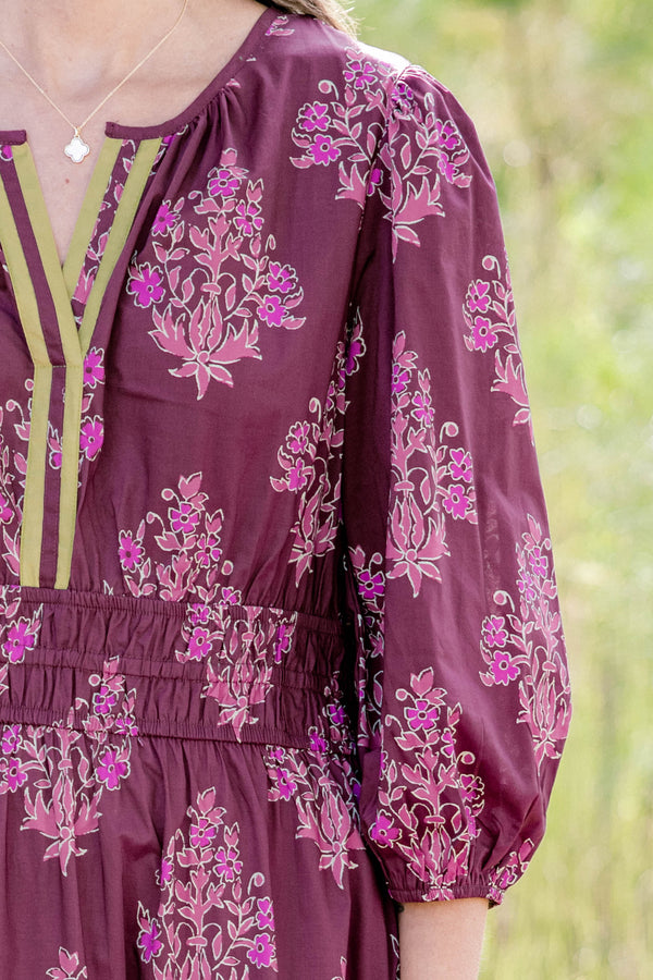 Chic Soul plus size clothing, dark purple puff sleeve tiered maxi dress with light purple floral print and cinched at the waist