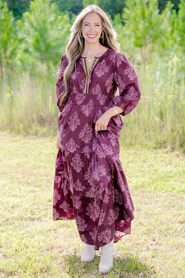 Chic Soul plus size clothing, dark purple puff sleeve tiered maxi dress with light purple floral print and cinched at the waist