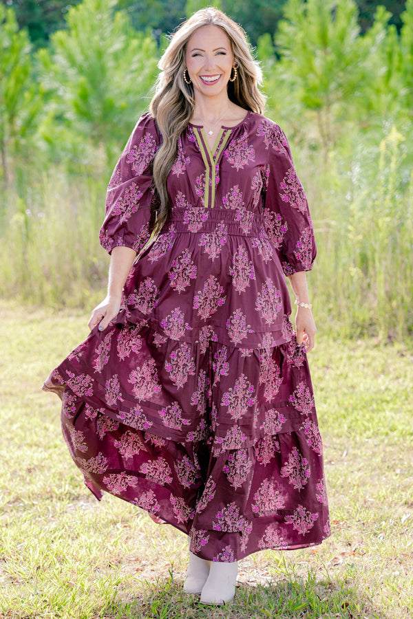 Chic Soul plus size clothing, dark purple puff sleeve tiered maxi dress with light purple floral print and cinched at the waist
