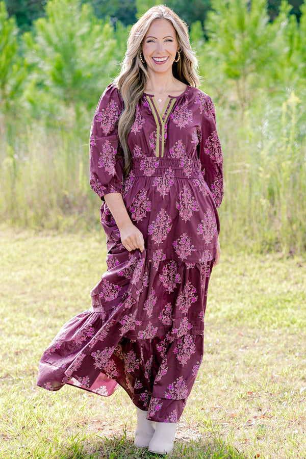 Chic Soul plus size clothing, dark purple puff sleeve tiered maxi dress with light purple floral print and cinched at the waist
