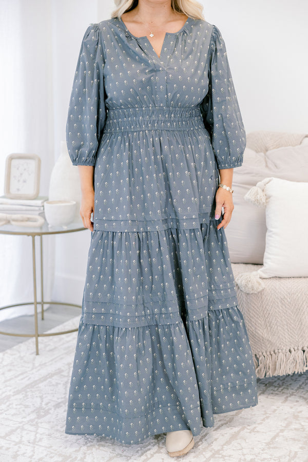 Chic Soul plus size clothing, grey blue long sleeve tiered maxi dress with small white floral print