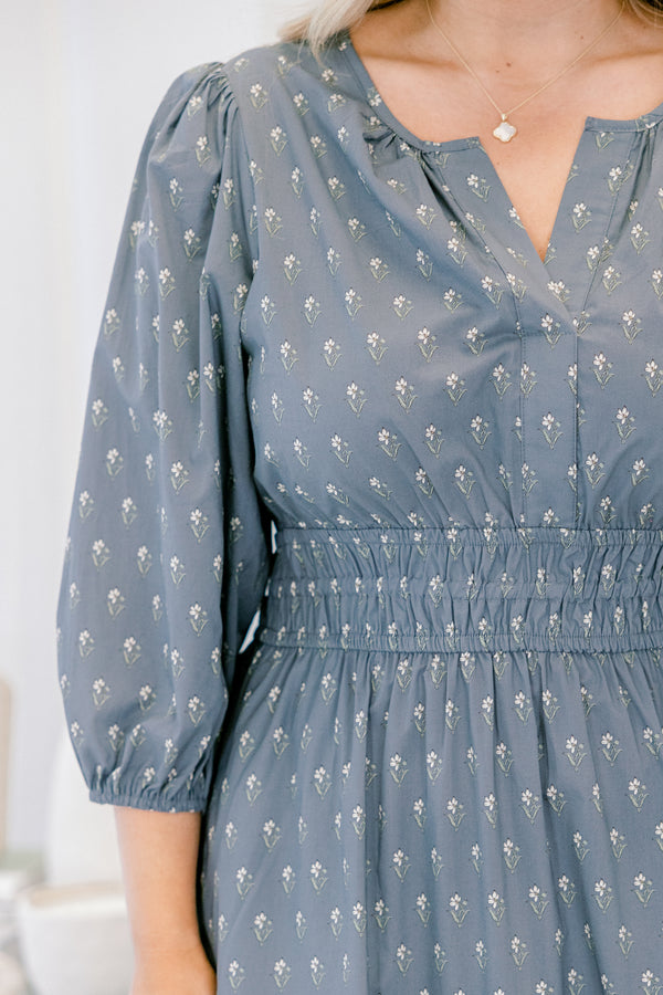 Chic Soul plus size clothing, grey blue long sleeve tiered maxi dress with small white floral print