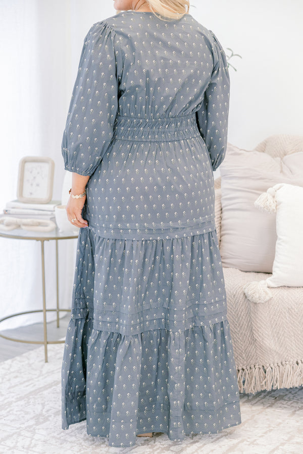 Chic Soul plus size clothing, grey blue long sleeve tiered maxi dress with small white floral print