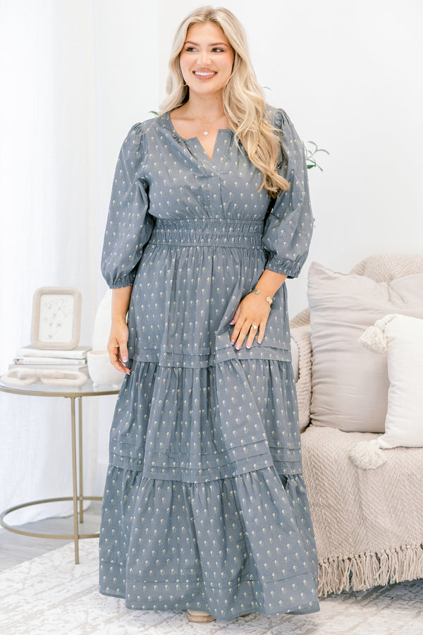 Chic Soul plus size clothing, grey blue long sleeve tiered maxi dress with small white floral print