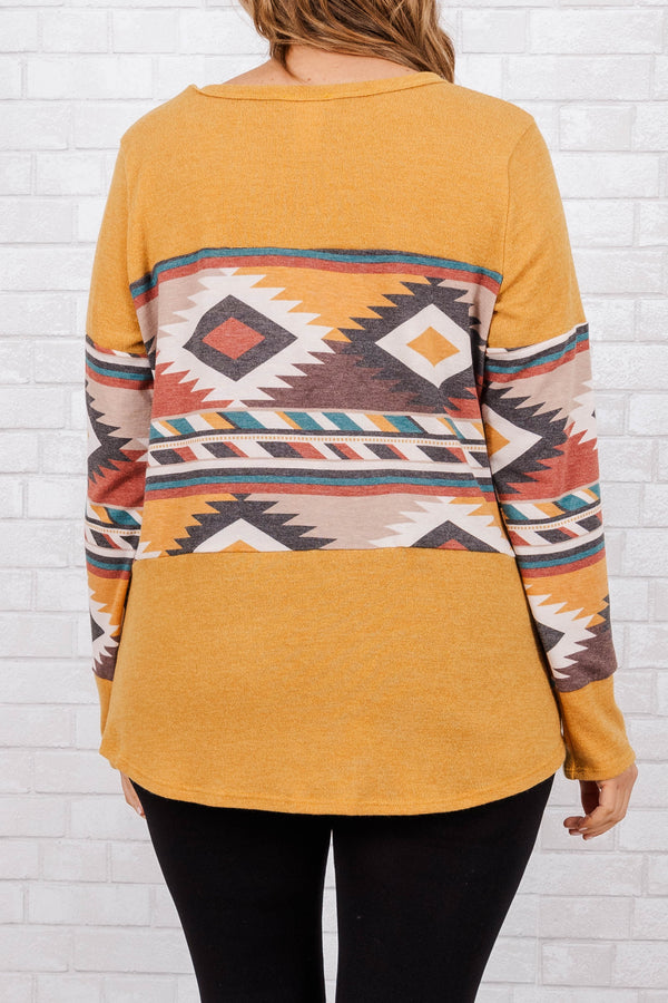 Chic Soul plus size clothing, mustard colored sweater with a atzec pattern in the center and lower sleeves