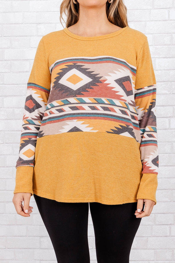 Chic Soul plus size clothing, mustard colored sweater with a atzec pattern in the center and lower sleeves
