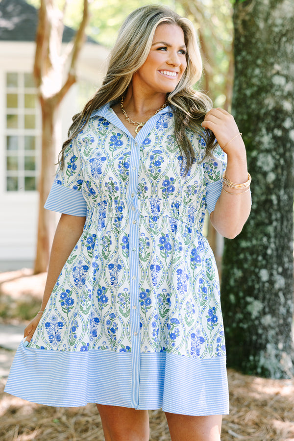 Chic Soul plus size clothing, short sleeve blue floral short dress with functional buttons down front, blue and white stripe contrast on hem, sleeves and neckline