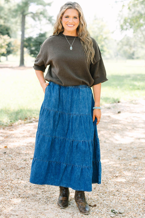 Plus size dark wash denim tiered maxi skirt with a comfortable elastic waist and flowy silhouette.