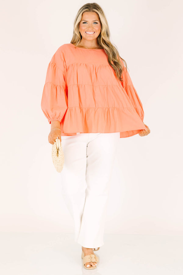 Chic Soul plus size clothing, coral long sleeve ruffle tiered top with round neckline with cuffed puff sleeves
