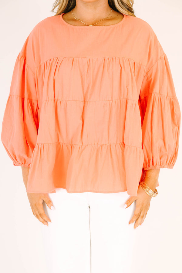 Chic Soul plus size clothing, coral long sleeve ruffle tiered top with round neckline with cuffed puff sleeves