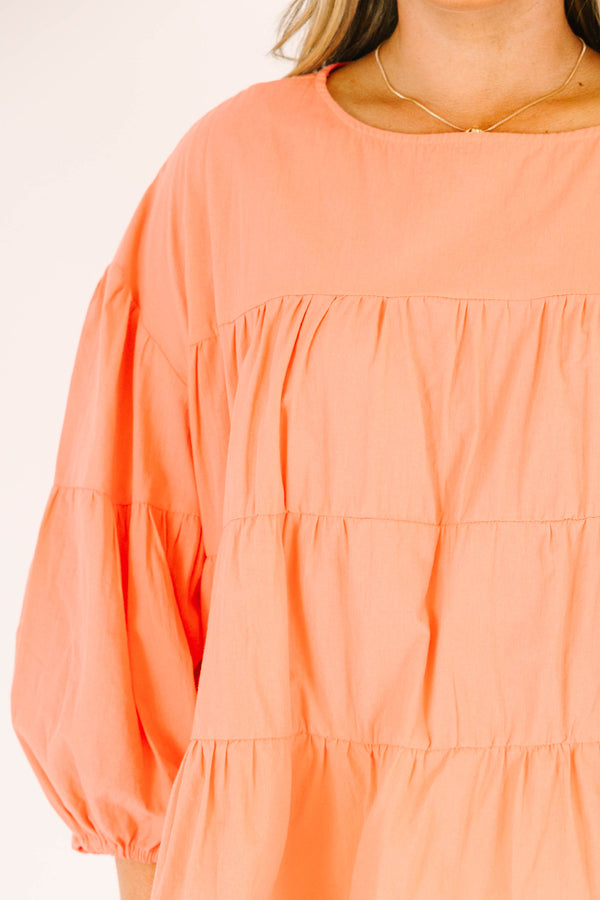 Chic Soul plus size clothing, coral long sleeve ruffle tiered top with round neckline with cuffed puff sleeves