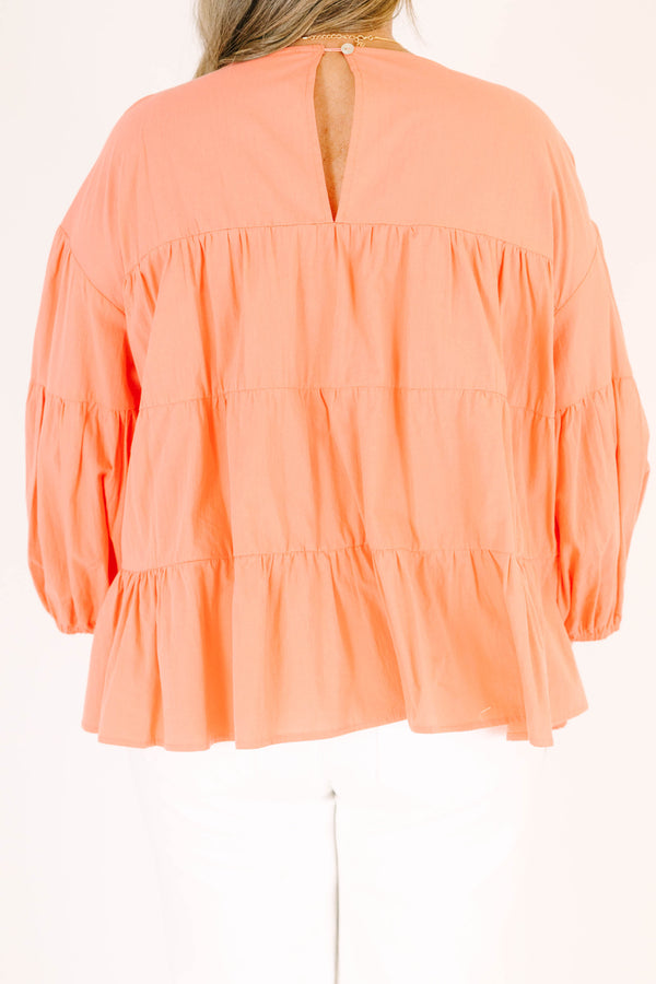 Chic Soul plus size clothing, coral long sleeve ruffle tiered top with round neckline with cuffed puff sleeves