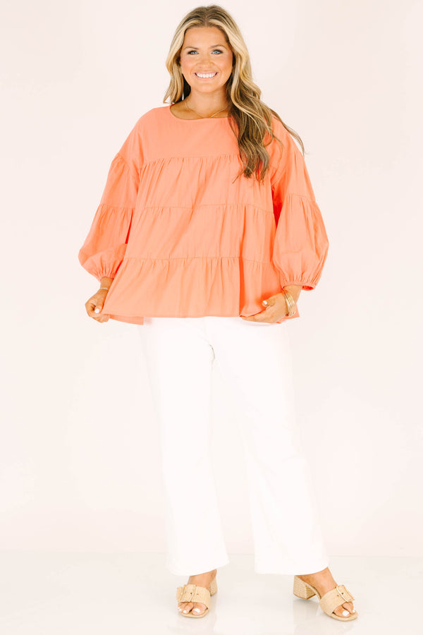Chic Soul plus size clothing, coral long sleeve ruffle tiered top with round neckline with cuffed puff sleeves