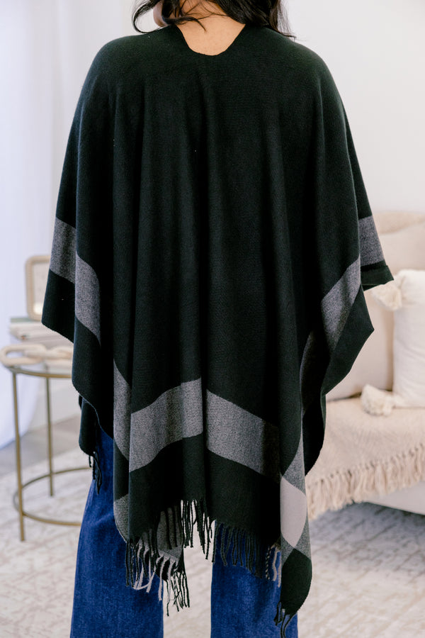 Chic Soul plus size clothing, black poncho sweater with thick grey horizontal stripe around the trim and fringe on the edge 
