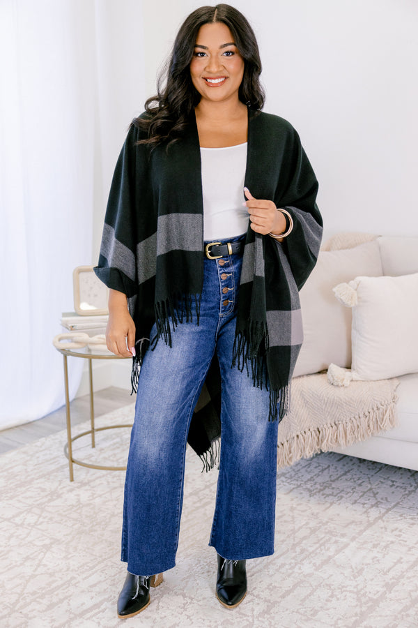 Chic Soul plus size clothing, black poncho sweater with thick grey horizontal stripe around the trim and fringe on the edge 
